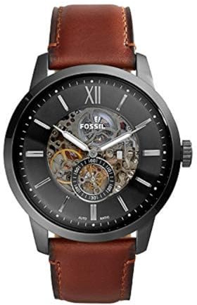 Fossil Men's Townsman 48mm Automatic Watches for Men, Skeleton Watch, Stainless Steel and Leather, Color: Smoke Gray, Brown Leather (Model ME3181)