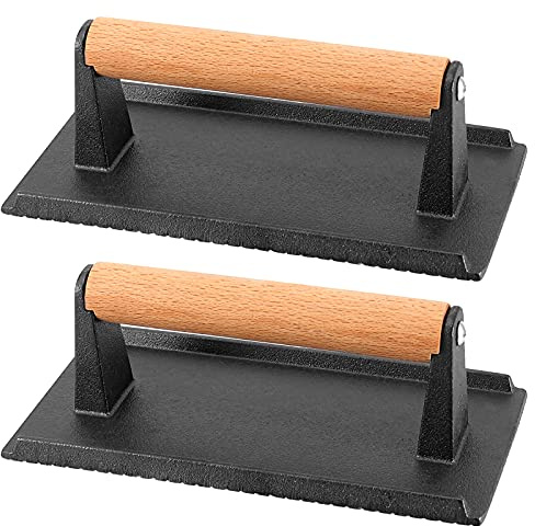 KWANJING 2 Pack 8 x 4 Inch Cast Iron Steak Weight, Flat Heavy Weight Grill Press with Wooden Handle, Steak Weights for Grill Burgers Bacon Bread