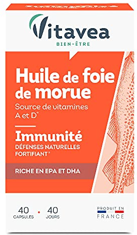 Vitavea - Huile de Foie de Morue - Complément Alimentaire Immunité, Défenses Naturelles, Fortifiant - Omega 3, DHA et Vitamines - Vitamine D et A - 40 Capsules - Cure de 40 jours - Fabriqué en France