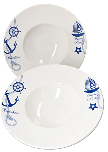 Set di 2 piatti da pasta Bonna, bianco, 28 cm, con motivo blu, piatto fondo con bordo largo, piatto da insalata, contorno, piatto da portata in porcellana di alta qualità