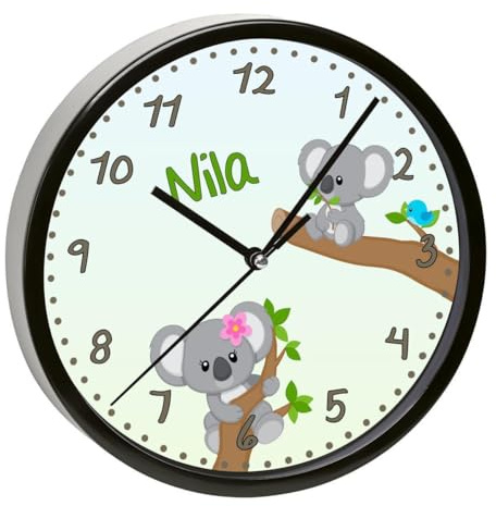 CreaDesign, Wanduhr Kinder personalisiert mit Name, Motiv Koala Bär Junge, Rahmen Wanduhr schwarz, Ø 19,5 cm