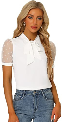 Allegra K Blusa de manga corta con cuello en V y lazo para mujer, cuello alto, manga corta, blanco, XS