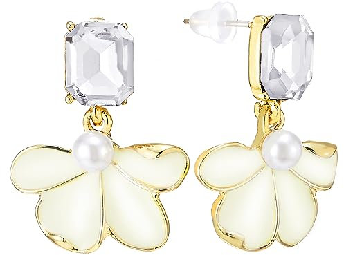 Magnifique Cristal Statement Clous d'oreille Boucles d'oreilles Pendants avec Irrégulier Pétale de Crème Beige Email