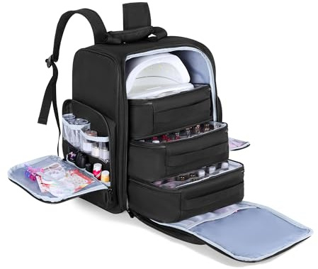 BAFASO Nail Polish Organiser Backpack Holds 105 Bottles (15ml - 0.5fl.oz) and a Nail Lamp, Nail Polish Backpack with 3 Removable Pouches, Large Makeup Backpack(Patented), Black, Bag Only