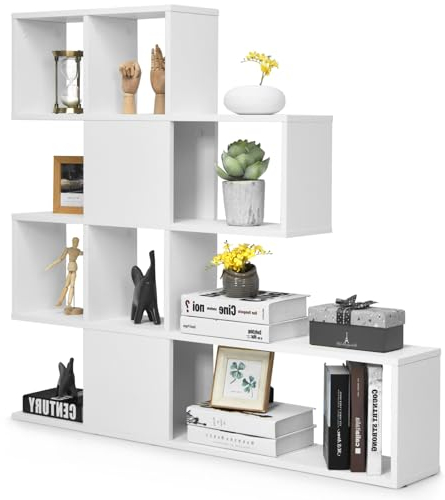 HOMASIS Bücherregal mit 4 Ebenen, Raumteiler Regal mit 10 Würfeln, offen Stufenregal, Treppenregal aus Holz, modern Standregal Organizer Würfelregal für Wohnzimmer, Schlafzimmer, Büro (Weiß)
