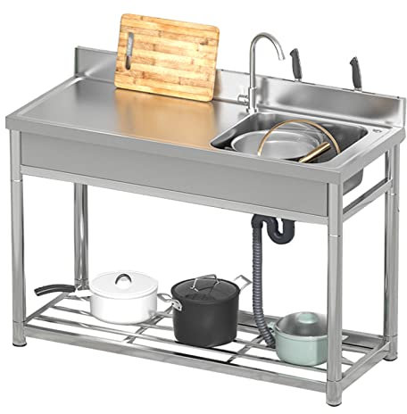 Lavello multiuso in acciaio inox per lavaggio, lavello singolo per ristorazione, ristorante, cucina, set con rubinetto e banco da lavoro, lavello per garage, ristorante, cucina, lavanderia, esterno