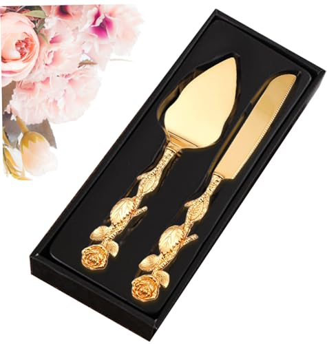 BZVCRTYKL Cake Cutting Set for Wedding Elegant Knife and Server with Rose Handle Elegant 2Pcs Gold Cake Serving Set Gift for Engagement, Anniversary, Birthday, Party/51