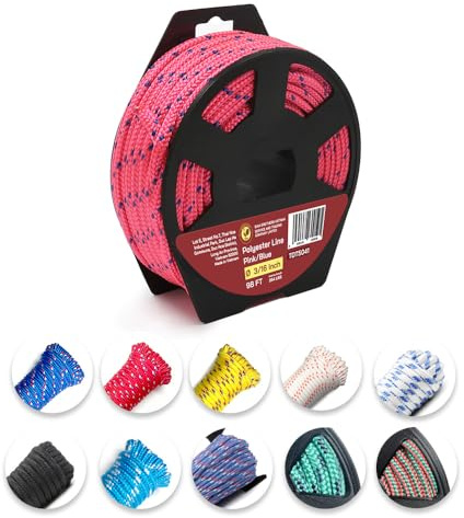 Diamond Braided Polypropylene Rope, 16-Strand 660lbs High Strength Utility Cord, Lightweight, Floating Rope for Camping, Flag Pole,Marine, Indoor and Outdoor Use (Pink/Blue, 3/16in X 98FT)