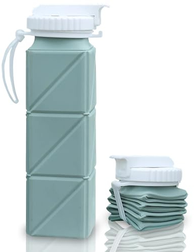 Ktchnhlprz faltbare Trinkflasche, 620ml, platzsparend, Silikon, praktischer Deckel mit eingebautem Trinkhalm, spülmaschinenfest, hitze- & kältebeständig (mint)
