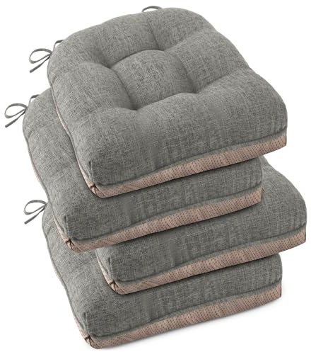 OVOV Indoor Chair Cushions for Dining Chairs Set of 4 Chair Cushion with Ties and Non-Slip Backing Tufted Kitchen Chair Pads Made of Breathable Faux Linen Fabric 46x46x8cm/18x18x3inch (Light Grey)