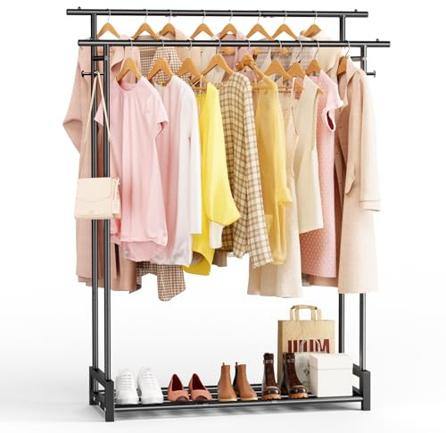ZHKINGGS Clothes Rail for Bedroom - Double Hanging Clothing Rail with Storage Shelf & 4 Coat Hooks, Free Standing Clothes Rack for Living Room, Laundry, Shop (Modern, Black)