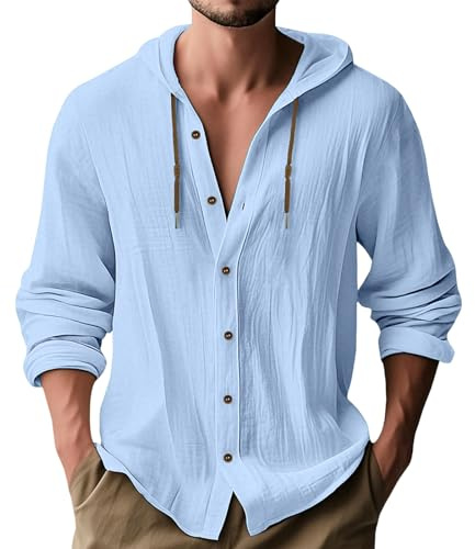MakingDa Hooded Shirt Men Thin Long Sleeve Hoodie Summer Lightweight Linen Button Down Beach Tops