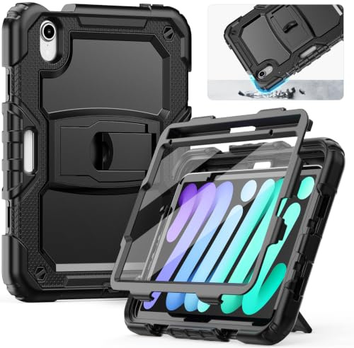 SEYMCY for iPad mini 7th/6th Case 8.3 Inch 2025 (A17 Pro)/ 2024 | Full-body Shockproof Protection with Screen Protector, Built-in Folding Stand, Pencil Holder for iPad Mini 7/6, Black