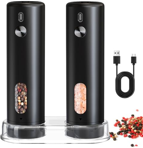 Moulin Sel Poivre Électrique – Salière et Poivrière Électrique, Poivrier Électrique à Une Main, Réglage de Mouture, Sel et Poivre Électrique Automatique avec Support