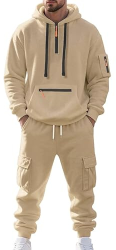 MEDUOLA Survêtement Homme Hiver Veste à Zip avec Capuche Pantalon Jogging à Poche Ensemble 2 Pièces Chaud et Confortable (M,Kaki)