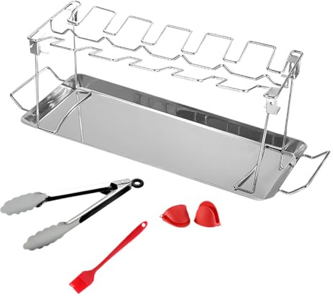 Genérico Soporte para Muslos De Pollo - Portamuslos con 12 Espacios Y Bandeja De Goteo - Estante Asador con Cepillo para Aceite Y Pinzas para Asados Eventos Al Aire Libre