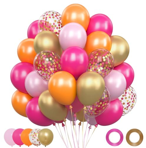 Luftballons Rosa Orange, 62 Stück Luftballons Geburtstag Bunt Rosa Orange | Ballons Hot Rosa Pink mit Konfetti Metallic Gold, Helium Ballon für Mädchen Frauen Kinder Geburtstag Hochzeit Karneval Hawaii