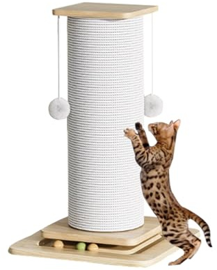 Rascador de Madera for Gatos, Resistente rascador de sisal Natural de 23,6 Pulgadas de Alto con Base de Madera Maciza Gruesa, Cuerda con Bola Colgante, for Gatos(White,35 * 35 * 60cm)