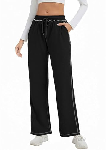 adorence Pantalon Jogging Femme Taille Haute Décontracté Large avec Poche, Pantalon de Survêtement Sport, pour Détente, Yoga, Fitness - Noir S