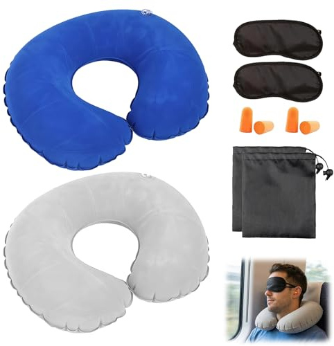Hiuyavy Inflatable Travel Pillow, 2 PCS Inflatable Neck Pillow for Travel with Eye Mask Earplugs and Organiser Pouch, Blow up Neck Pillow for Airplane Trains Car and Office
