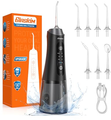 Jet Dentaire Hydropulseur et Irrigateurs Oral - 320ML Réservoir Grande Capacité, 4 Modes de Nettoyage, 8 Buses Interchangeables, IPX7 Étanche, Portable pour Maison & Voyage, Noir Élégant