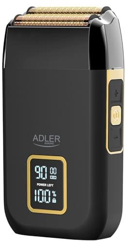 ADLER EUROPE AD 2947 professionell folierakapparat med dubbelt rakhuvud, titanfolie, 3 hastigheter 7500–8500 varv/min, LCD-skärm, USB-C, 1 400 mAh litiumjonbatteri
