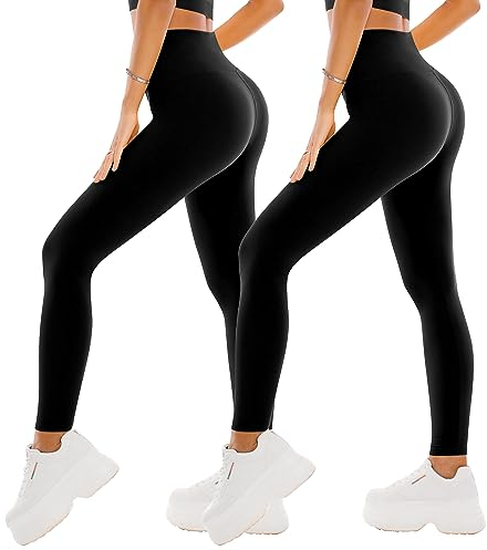 SINOPHANT 2 Confezione Leggins Sportivi Donna a Vita Alta, Pantaloni Yoga Controllo della Pancia Opaco Elastici Leggings,S-M,Nero/Nero