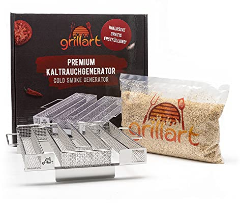 grillart® Generatore di fumo freddo di alta qualità con riempimento iniziale gratuito, forno per affumicatura realizzato in 100% acciaio inox, lumaca per affumicatura di alta qualità con manici