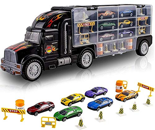 BAKAJI Camion Bisarca Porta Auto Giocattolo Bambini con 6 Macchinine Incluse e Accessori Gioco Laterali Apribili per Trasportare Fino a 12 Macchine Dimensione 50 x 15 x 9 cm
