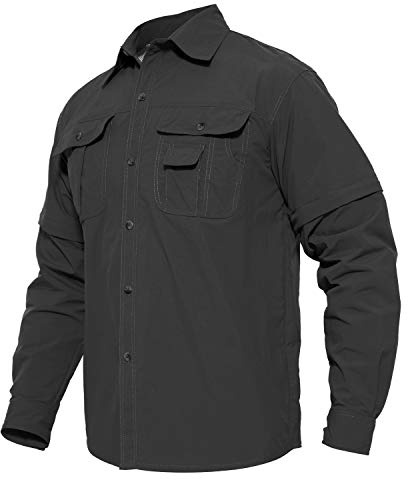 MAGCOMSEN Utomhusskjortor herr, safari, skjorta med avtagbara ärmar, snabbtorkande, andas, taktisk skjorta, lätt, vandringsskjorta, Mörkgrå, 3XL