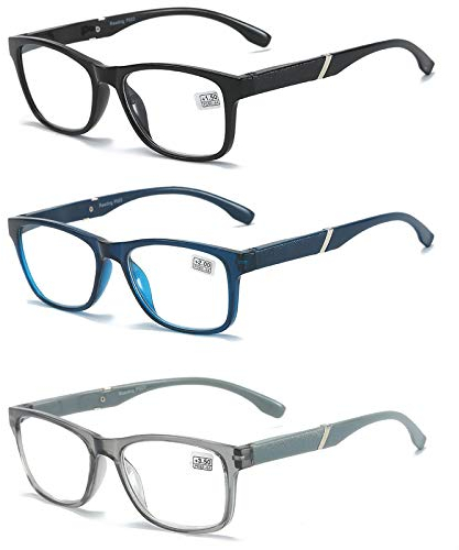 MMOWW Occhiali da Lettura Uomo Donna Confezione da 3 - Occhiali Ultraleggeri con Cerniere a Molla (Nero + Blu + Grigio, +2.5)