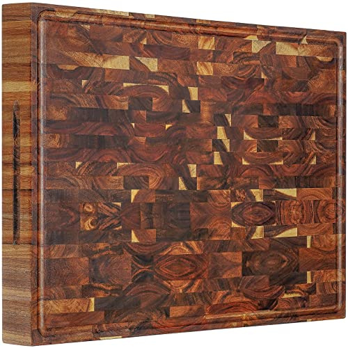 AZRHOM Extra Large Thick Acacia Wood End Grain Cutting Board 24x18x2 In, Wooden Butcher Block, Chopping Board For Kitchen with Juice Groove Handles Non-Slip Pats (Gift Box)