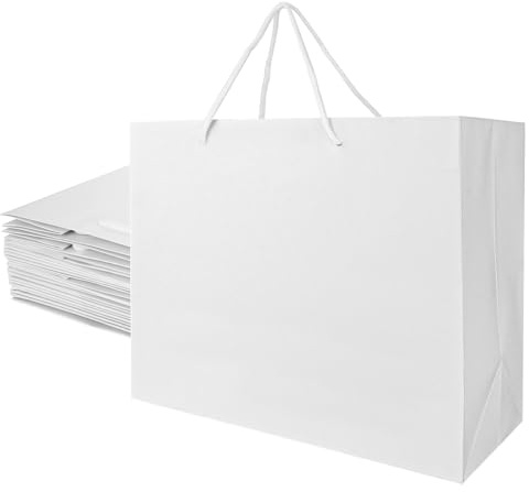 CYEER 20 Pcs White Gift Bags, 30x25x13.5CM White Paper Bag with Handles, Thickness 250g Medium Party Paper Retail Bags Gift Bag for Shopping Birthday Wedding Party Retail