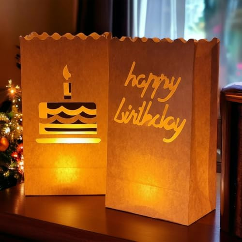 Lichtertüten Papierlaterne - 12er Set - 26 x 15 x 9cm - birthday weiß - Wiederverwendbar Lichttüten - Tischdeko Geburtstag Candle Bags für Birthday Party - Teelichter LED Kerzen Kerzentüten