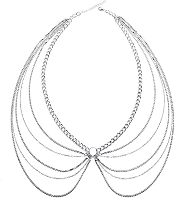 Stfery Kettengürtel Strass Silber, Bauchkette Kleid Taillenkette Sexy Mehrschichtige Kreiskette mit Quaste Körperkette 95cm