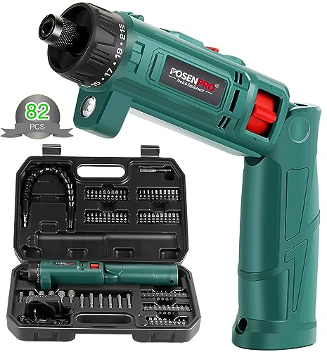 POSENPRO 8V Cordless Electric Screwdriver, 82PCS 10Nm Max Cordless Rechargeable Screwdriver Set with Charger and Accessory Kit in Carrying Case, 21+1 Cluth, Dual Position Handle, Green