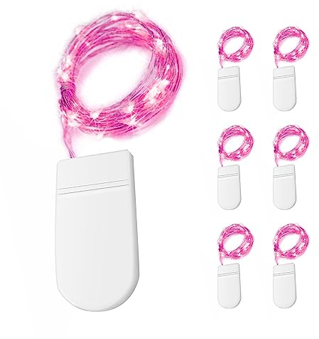 6 x 20er Micro LED Lichterkette mit CR2032 Batterie betrieb Auf 2 Meter Silberdraht für Party, Garten, Weihnachten, Halloween, Hochzeit, Beleuchtung Deko,Rosa Licht
