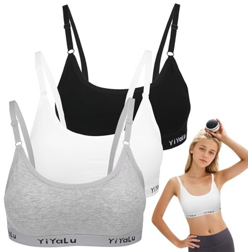 ueslwser 3 Pcs Teen Girls Bra, Sports Bras Age 10-15, Training Bra with Removable Pad, Crop Top for Kids Black White Grey