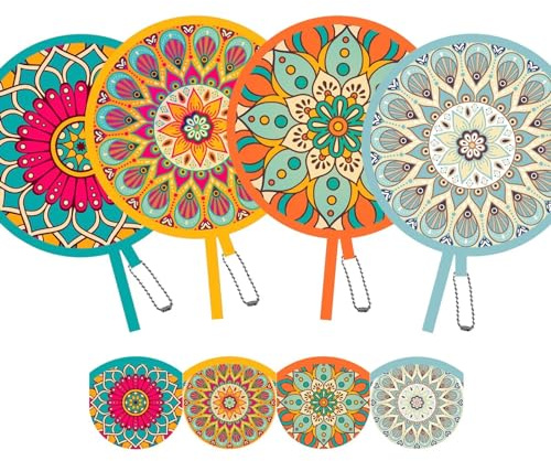 SUJJY 4 Pack Assorted Mandala Pattern Hand Fan Foldable, Multi-Role Round Handheld Fans for Travel, Events, Indoor & Outdoor (Mandala)
