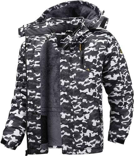 Tansozer Herren Wind- und Wasserdichte Winterjacke Warme Skijacke Gefütterte Outdoorjacke mit Abnehmbarer Kapuze (Camouflage Schwarz, 3XL)