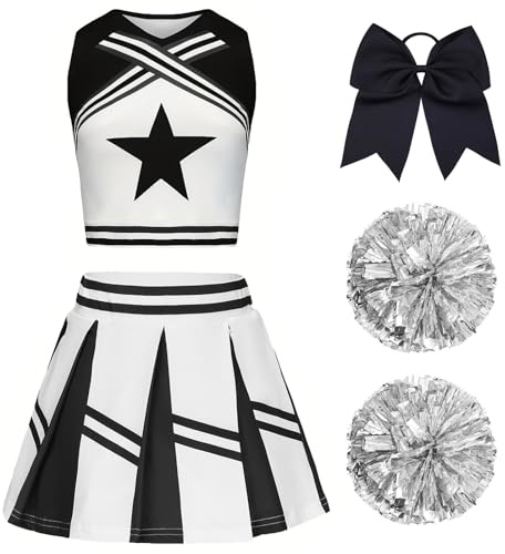 XFOZDM Cheerleader Kostüm Kinder Cheerleader Kostüm Kleid Mädchen Cheer Uniform mit Pompoms und Kopfschmuck Cheerleading Outfit Kinder für Faschingskostüme Halloween Karneval Schwarz 130