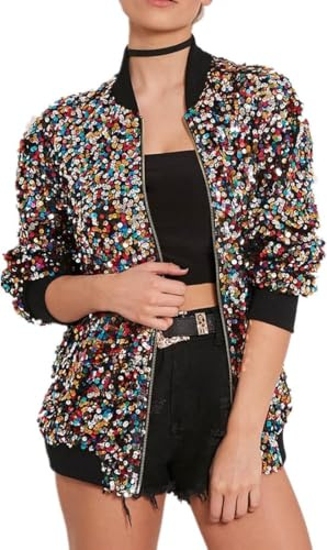 Bomber da donna con paillettes colorate – lucido glitter sirena paillettes cerniera blazer manica lunga cerniera frontale cappotto scintillante vestito alla moda per concerti, feste, Natale, danza,L