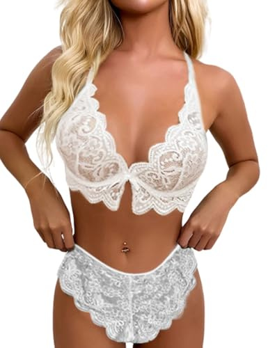 PARUPRUP Mujer Sexy Encaje Floral Conjuntos Lencería Escote V Profundo Lazo Babydoll Ajustable Sujetador Elásticas Tanga Sin Aros Bralette Transparente Floral Ropa de Dormir Sin Espalda Ropa Interior