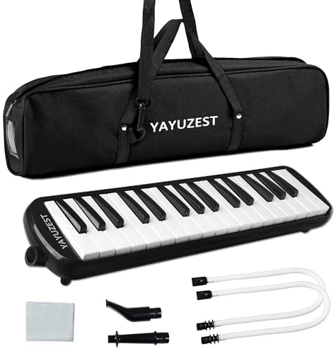 YAYUZEST 32 Keys Melodica Instrument, Soprano Melodica Air Piano Keyboard Pianica with 2 Soft Long Tubes, 2 Short Mouthpieces and Carrying Bag (Black)