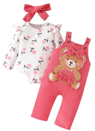 UUAISSO Baby flicka kläder blommiga toppar body björn hängselbyxor justerbara overaller outfitset, Rosa björn, 3-6 månader