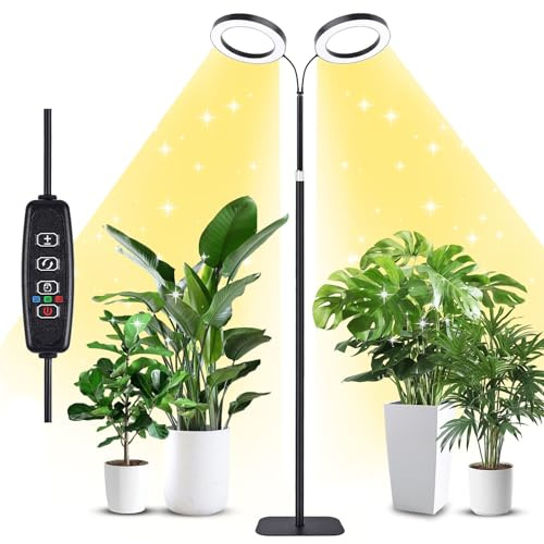 SIMKIWO Pflanzenlampe, 2 Köpfe 192 LED Vollspektrum Pflanzenlich mit Standfuß, 3 Farben Grow Light mit 3/9/12H Auto-Timer & 360° flexibler Schlauch, 58-170 cm Höhenverstellbar für Zimmerpflanzen