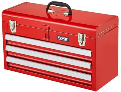 VEVOR Metal Tool Box, 20.5-inch, Portable Metal Tool Box with 3 Drawers, Small Tool Chest with EVA Liners, Ball Bearing Slide Drawers Locking & Powder Coated Finish, Multi-Function Tool Organizer, Red