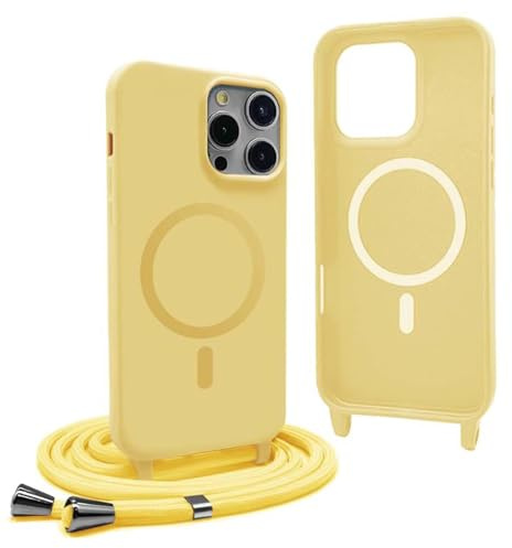 YFSYLL Handykette Hülle für iPhone 12 Pro Max mit Band,Magnetische Silikon Handyhülle Kompatibel mit MagSafe,Handyhülle für zum Umhängen Einstellbar und Abnehmbar - Gelb