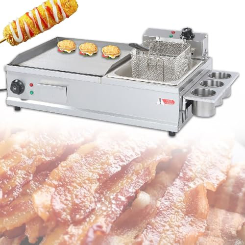 SFNIOKFG Planchas eléctricas Grandes, Plancha de Superficie Plana con freidora, Plancha de encimera de Acero Inoxidable, Plancha eléctrica Comercial, Grande