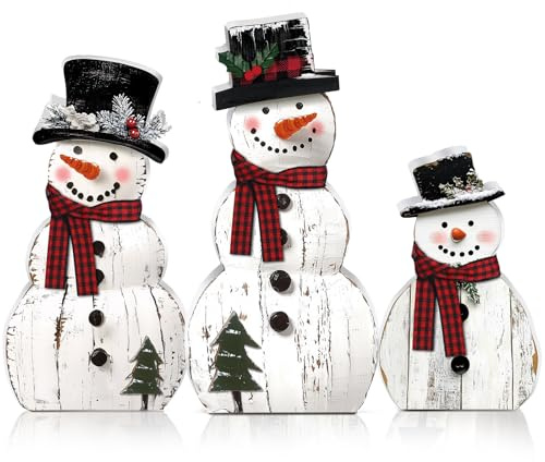 Barydat 3 Pcs Christmas Snowman Wooden Decorations Rustic Snowman Table Centerpieces Block Sign for Xmas Holiday Party Winter Indoor Home Kitchen Office Room Decorations